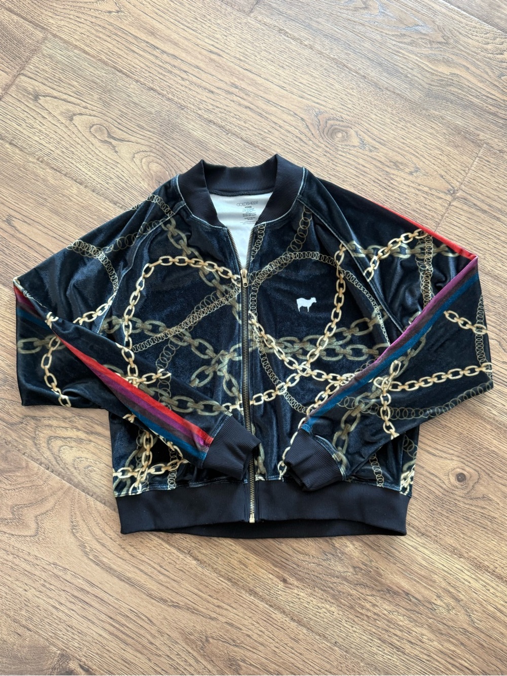 Gold Sheep Chain Print Velvet Zip-Up Bomber Jacket M